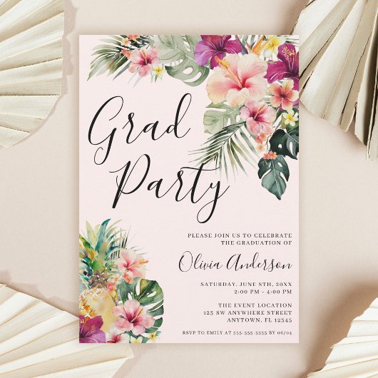 Modern Tropical Floral Pink Graduation Party Kaart