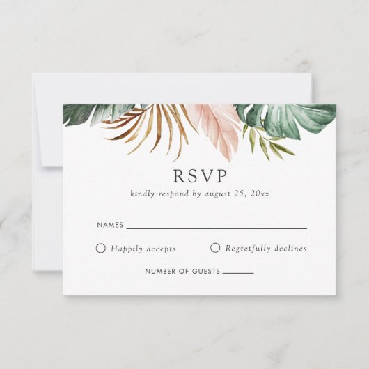 Modern Tropical Gold Palm Greenery Floral RSVP Kaart (Voorkant)