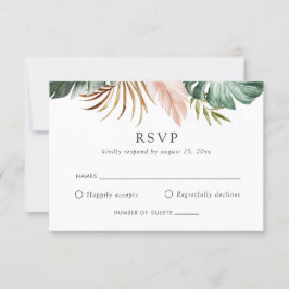 Modern Tropical Gold Palm Greenery Floral RSVP Kaart