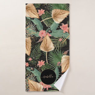 Modern Tropical Green Palm Flowers Monogram Black Bad Handdoek