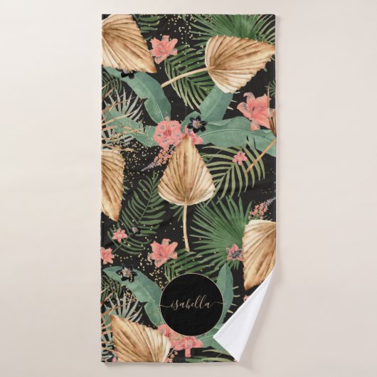 Modern Tropical Green Palm Flowers Monogram Black Bad Handdoek (Badhanddoek)