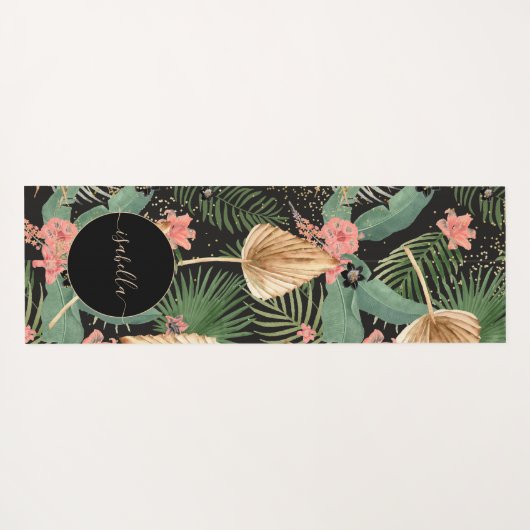 Modern Tropical Green Palm Flowers Monogram Black Yogamat (Achterkant (horizontaal))