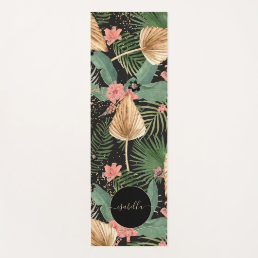 Modern Tropical Green Palm Flowers Monogram Black Yogamat (Voorkant)