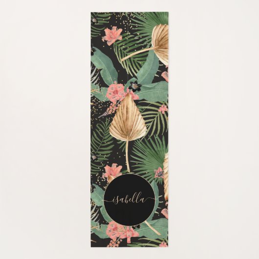 Modern Tropical Green Palm Flowers Monogram Black Yogamat (Achterkant)