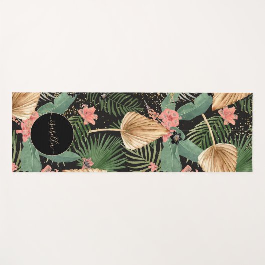 Modern Tropical Green Palm Flowers Monogram Black Yogamat (Voorkant (horizontaal))