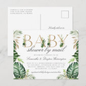 Modern Tropical Greenery Gold Baby shower per post Uitnodiging Briefkaart (Voorkant / Achterkant)