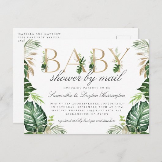 Modern Tropical Greenery Gold Baby shower per post Uitnodiging Briefkaart (Voorkant / Achterkant)