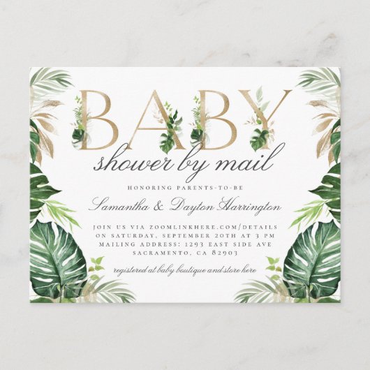 Modern Tropical Greenery Gold Baby shower per post Uitnodiging Briefkaart (Voorkant)
