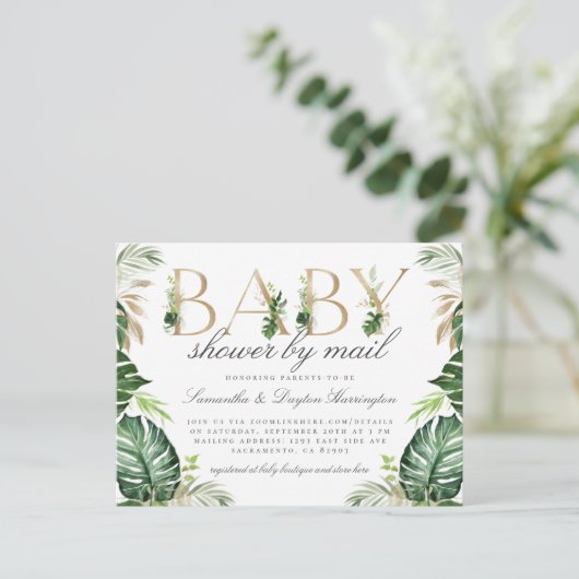 Modern Tropical Greenery Gold Baby shower per post Uitnodiging Briefkaart (Staand voorkant)