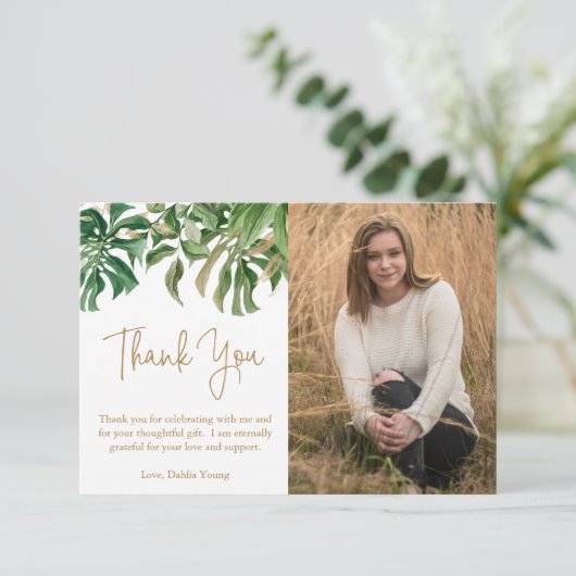 Modern Tropical Greenery Gold Photo Afstuderen Bedankkaart (Staand voorkant)
