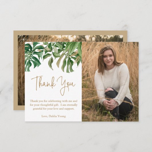 Modern Tropical Greenery Gold Photo Afstuderen Bedankkaart (Voorkant / Achterkant)