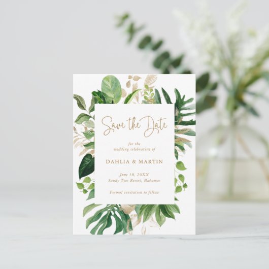 Modern Tropical Greenery Gold Save the Date Aankondigingskaart (Staand voorkant)