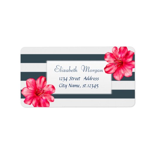 Modern Tropical, Hibiscus Navy Blue Stripe Label (Voorkant)