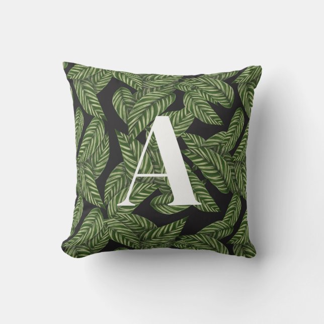 Modern Tropical Leaf Palm Plant Print Monogram Buitenkussen (Voorkant)