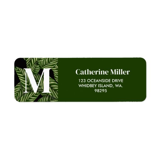 Modern Tropical Leaf Palm Plant Print Monogram Etiket (Voorkant)