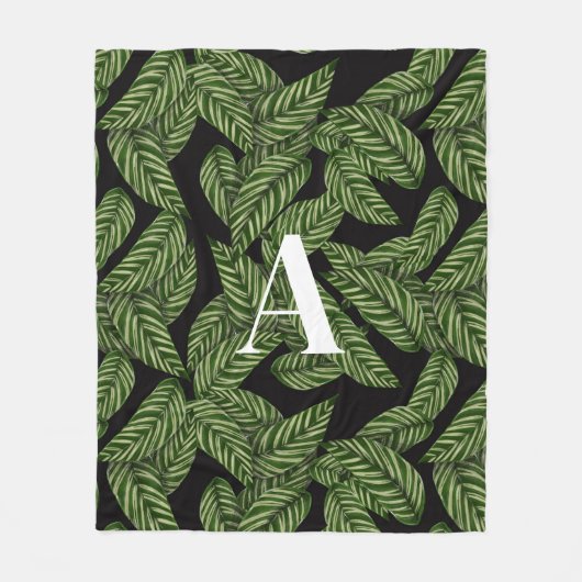 Modern Tropical Leaf Palm Plant Print Monogram Fleece Deken (Voorkant)