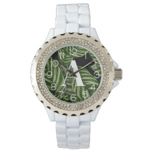 Modern Tropical Leaf Palm Plant Print Monogram Horloge