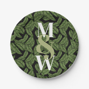 Modern Tropical Leaf Palm Plant Print Monogram Papieren Bordje
