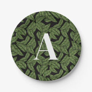 Modern Tropical Leaf Palm Plant Print Monogram Papieren Bordje