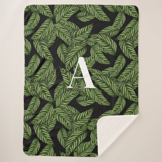 Modern Tropical Leaf Palm Plant Print Monogram Sherpa Deken (Voorkant)