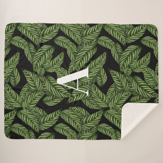 Modern Tropical Leaf Palm Plant Print Monogram Sherpa Deken (Voorkant (horizontaal))
