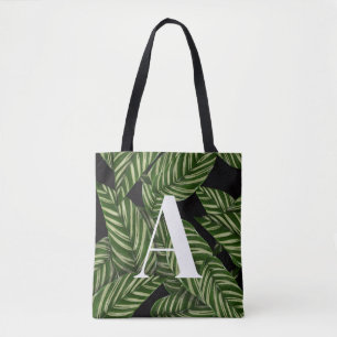 Modern Tropical Leaf Palm Plant Print Monogram Tote Bag