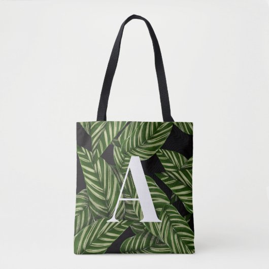 Modern Tropical Leaf Palm Plant Print Monogram Tote Bag (Voorkant)