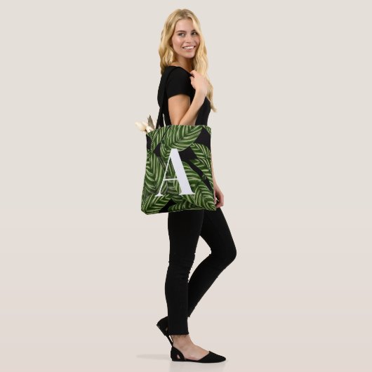 Modern Tropical Leaf Palm Plant Print Monogram Tote Bag (Op model)