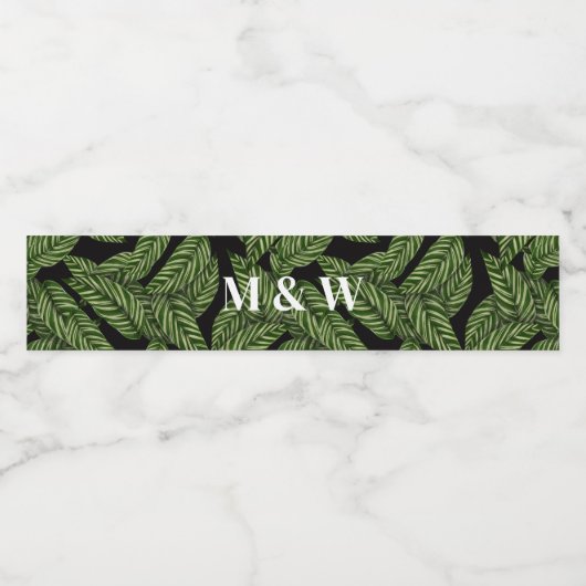Modern Tropical Leaf Palm Plant Print Monogram Waterfles Etiket (Enkel label)