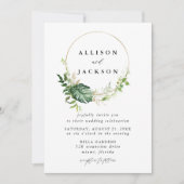 Modern Tropical Leaves Gold Circle Lijst Bruiloft Kaart (Voorkant)