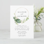 Modern Tropical Leaves Gold Circle Lijst Bruiloft Kaart (Staand voorkant)