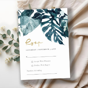 Modern Tropical Monstera Foliage Wedding Blue Rsvp Informatiekaartje