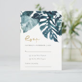 Modern Tropical Monstera Foliage Wedding Blue Rsvp Informatiekaartje (Staand voorkant)