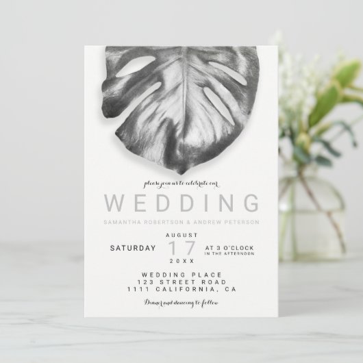 Modern tropical monstera leaf bruiloft kaart (Staand voorkant)