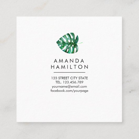 Modern Tropical monstera Waterverf Floral Vierkante Visitekaartje (Achterkant)
