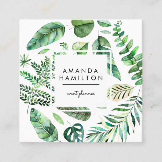 Modern Tropical monstera Waterverf Floral Vierkante Visitekaartje (Voorkant)