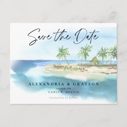 Modern Tropical Ocean Beach Script Save the Date Aankondigingskaart (Voorkant)