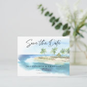 Modern Tropical Ocean Beach Script Save the Date Aankondigingskaart (Staand voorkant)