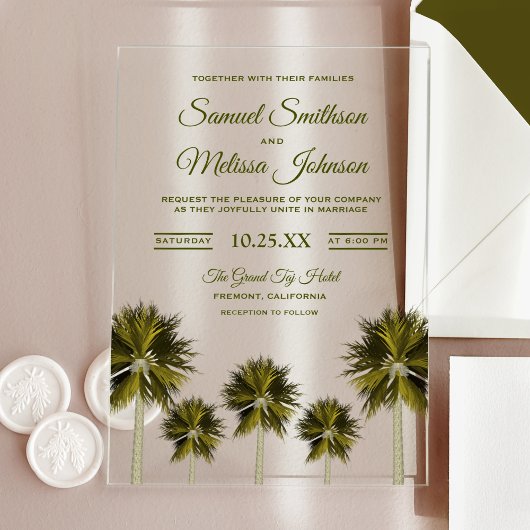 Modern Tropical Palm Tree Beach Wedding Acryl Uitnodigingen