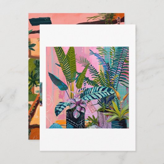 Modern Tropical Plant Print – Pink and Green  Briefkaart (Voorkant / Achterkant)