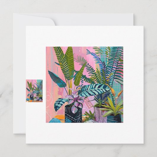 Modern Tropical Plant Print – Pink and Green  Kaart (Voorkant)