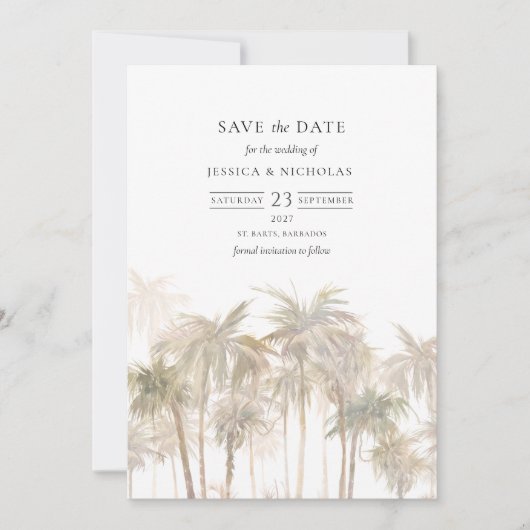 Modern Tropical Trees Typography Wedding Save The Date (Voorkant)