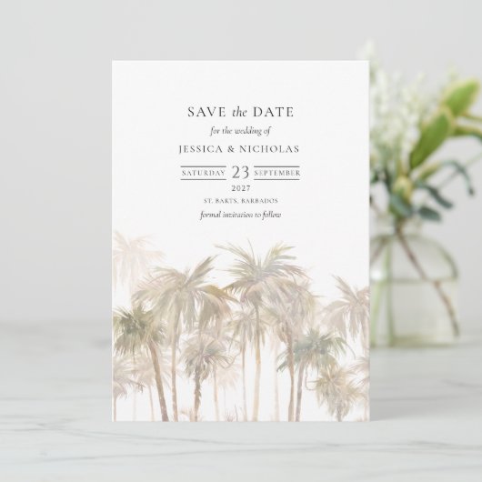 Modern Tropical Trees Typography Wedding Save The Date (Staand voorkant)