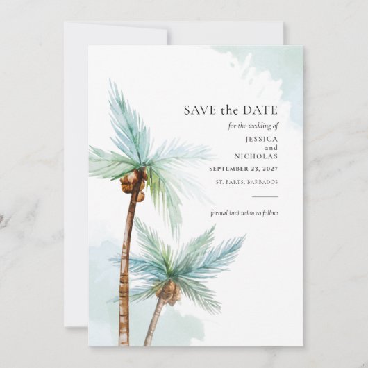 Modern Tropical Trees Waterverf Wedding Save The Date (Voorkant)