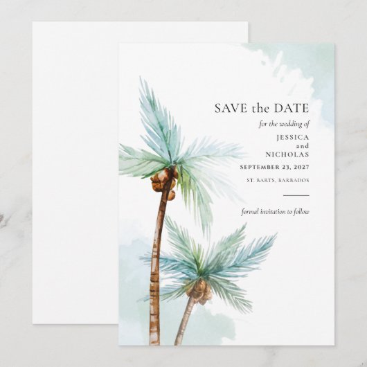 Modern Tropical Trees Waterverf Wedding Save The Date (Voorkant / Achterkant)
