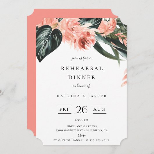 Modern Tropics Coral Floral Rehearsal Dinner Kaart (Voorkant / Achterkant)