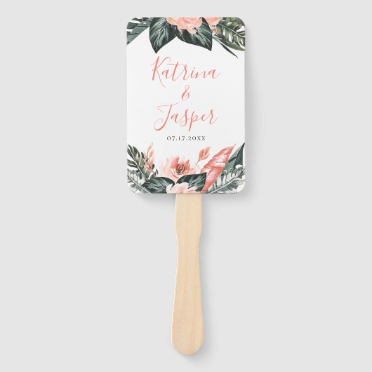 Modern Tropics Koraal Floral bruiloft programma Handwaaier (Voorkant)