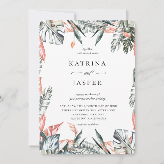 Modern Tropics Palm Leaf Lijst Wedding Kaart (Voorkant)