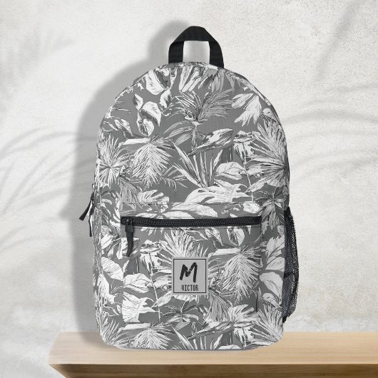 Modern Tropisch Blad Grijs Wit Monogram Ontwerp Bedrukte Rugzak