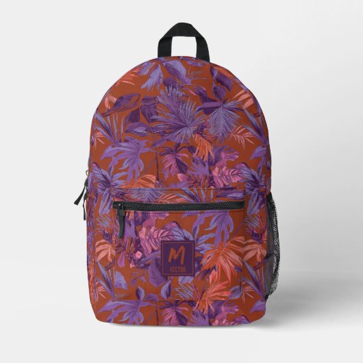 Modern Tropisch Blad Rood Paarse Monogram Ontwerp Bedrukte Rugzak (Voorkant)